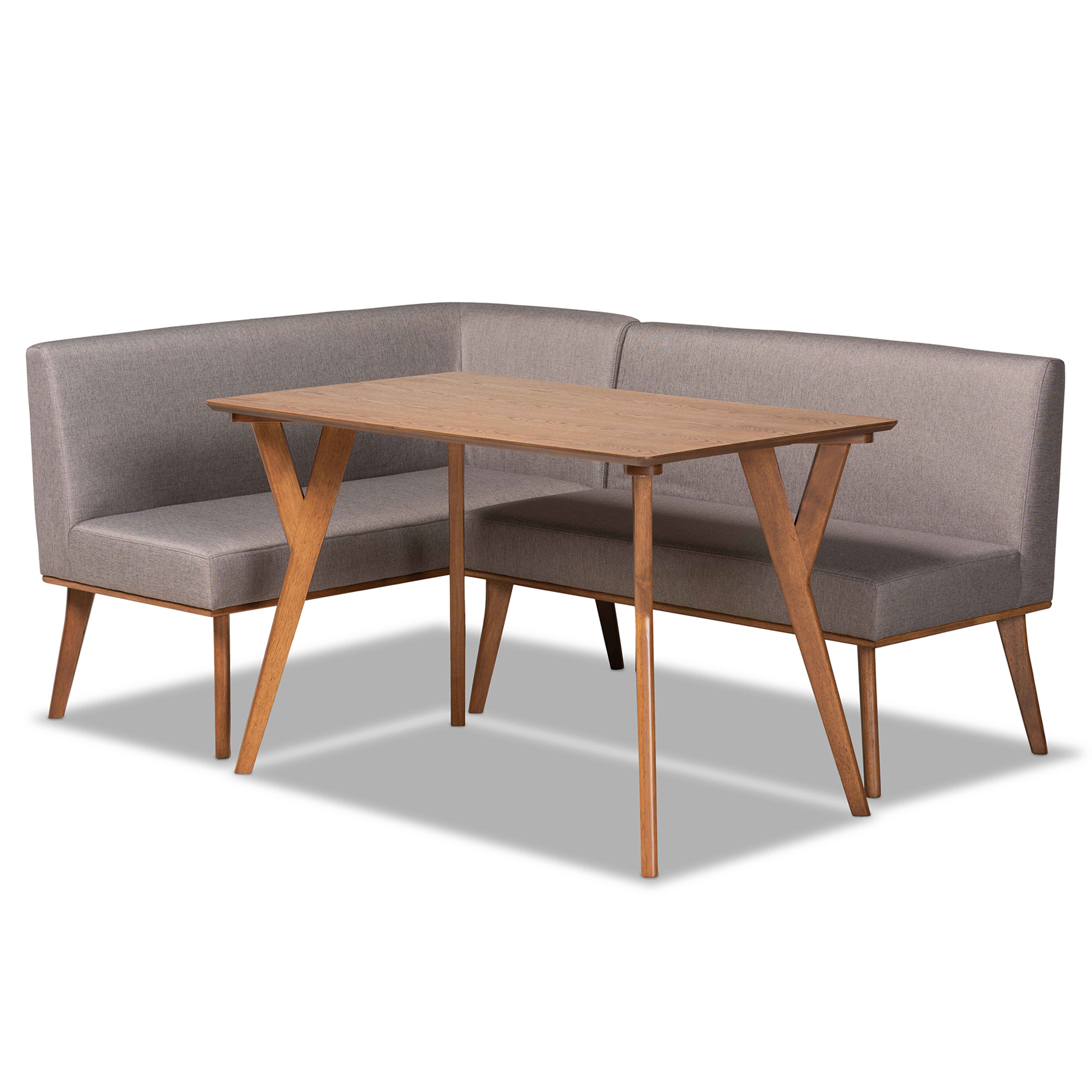 Baxton Studio Odessa Mid-Century Modern Grey Fabric Upholstered and Walnut Brown Finished Wood 3-Piece Dining Nook Set